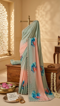 Dual-Tone Sage Green to Blush Pink Tissue Silk Saree with Teal Coral Floral Print (SS-32027)
