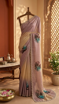 Dual-Tone Dusty Mauve to Champagne Gold Tissue Silk Saree with Teal Peony Print (SS-32026)