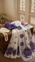 White Organza Saree with Purple Peony Floral Print and Silver Scalloped Border (SS-32022)
