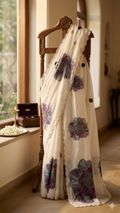 White Organza Saree with Grey Purple Peony Floral Print and Pearl Scalloped Border (SS-32023)